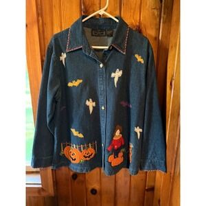Halloween Denim Jacket Pumpkins Scarecrow Ghosts Bats Button Up New Direction 1x